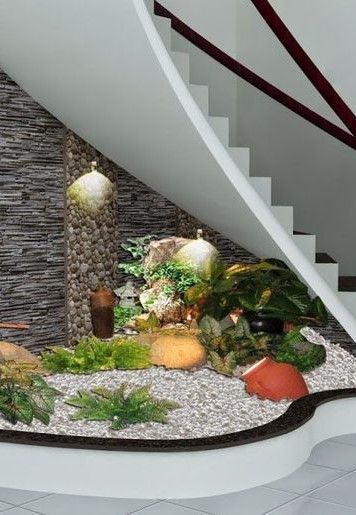 Under Stairs Plants, Plants Under Stairs, Wall Under Stairs, Design Under Stairs, Staircase Garden, Small Garden Under Stairs, Plant Nook, Ideas Under Stairs, Shelves Under Stairs