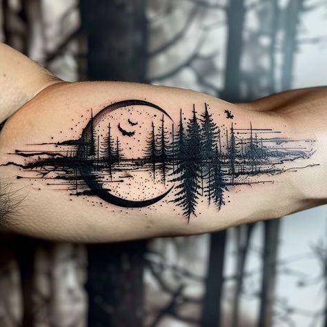 Outdoor Inspired Tattoos, Arm Crease Tattoo Inner, Tattoo Woods Forest, Men Inner Bicep Tattoo, Outdoors Tattoo Ideas, Blue Collar Tattoo For Men, Trex Skull Tattoo, Inner Bicep Tattoo Men Ideas Design, Country Sleeve Tattoos For Women