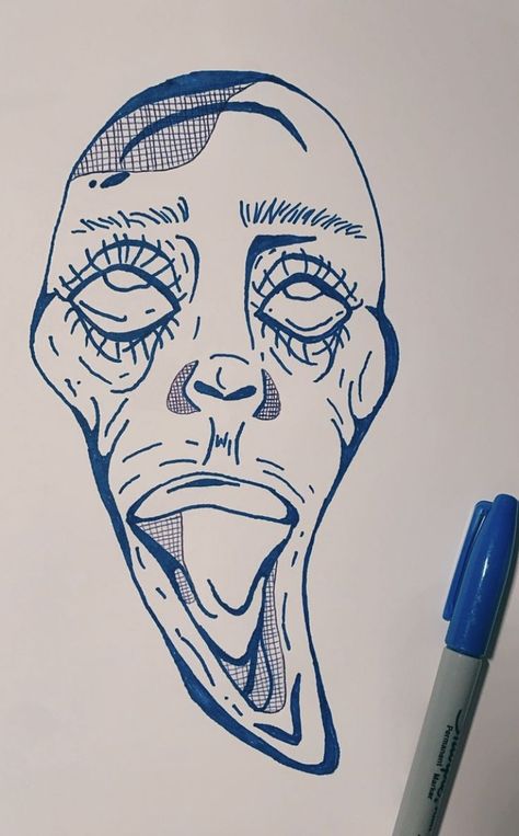 Emotion Drawing, Drawing Sharpie, Sharpie Drawings, Drawing Blue, Arte Doodle, Trippy Drawings, Gcse Art Sketchbook, Indie Drawings, Blue Face