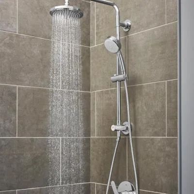 Vitalio 5-spray 7 in. Dual Shower Head and Handheld Shower Head in Chrome Grohe Shower, Double Shower Heads, Bathroom Shower Heads, Dual Shower Heads, Master Shower, Shower Fixtures, Bathroom Remodel Shower, Rainfall Shower Head, Modern Shower