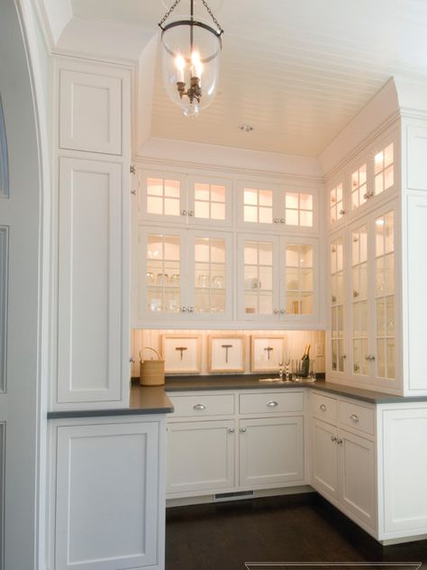 Fabulous u-shaped butlers pantry with ceiling height white cabinetry and granite countertops. Kitchen Butlers Pantry, Butlers Pantry, Cottage Bedroom, Kitchen Corner, Butler's Pantry, Pool Design, Pantry Design, Counter Tops, White Cabinets