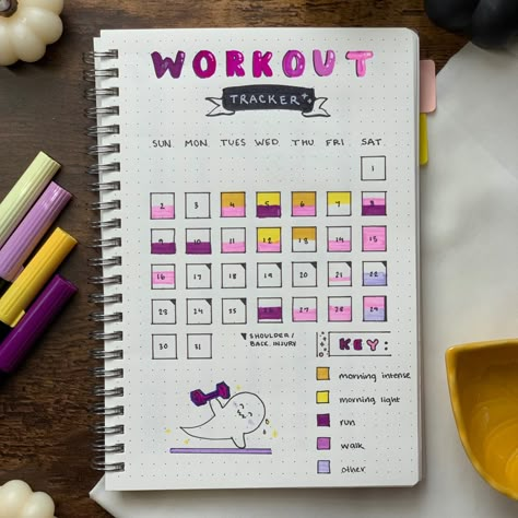 Workout Schedule Journal Ideas, Workout Tracker Journal, Work Out Journal Ideas, Softball Journal Ideas, Workout Chart Tracker, Bujo Workout Tracker, Workout Tracker Bullet Journal, Workout Bullet Journal, Fitness Tracker Bullet Journal