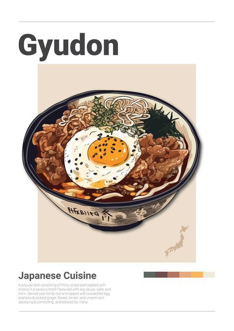 Minimalist Food Poster, Food Poster Design Layout, Japan Food Poster, Japanese Donburi, Japanese Food Poster, Japanese Food Illustration, Menu Design Inspiration, Food Reference, Beef Bowl