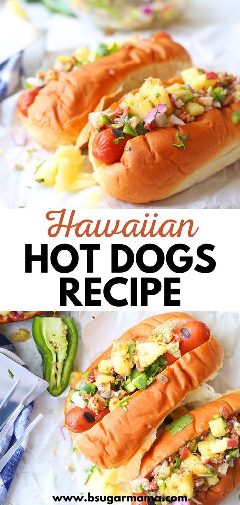 This Hawaiian Hot Dogs recipe is made with pineapple, jalapeno, cilantro, and more. Delicious and full of flavor, this Hawaiian Hot Dogs recipe is perfect for summer grilling! Pineapple Hot Dogs, Hot Dog For Dinner, Crazy Hot Dog Ideas, Bacon Hotdogs Recipes, Hawaiian Hot Dogs, Hawaiian Hot Dogs Recipe, Elevated Hot Dogs, Hot Dog Quesadilla, Sides With Hot Dogs