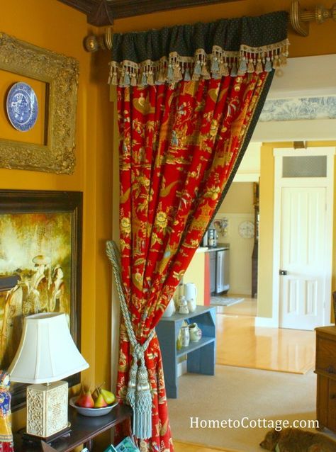 Front Entry Doorway Curtain Portiere - SIMPLE DECORATING TIPS Curtain Over Door Entryway, Hall Curtains, Chinoiserie Curtains, 100 Year Old House, Door Curtains Diy, Winter Windows, Front Door Curtains, Simple Decorating, Porch Curtains