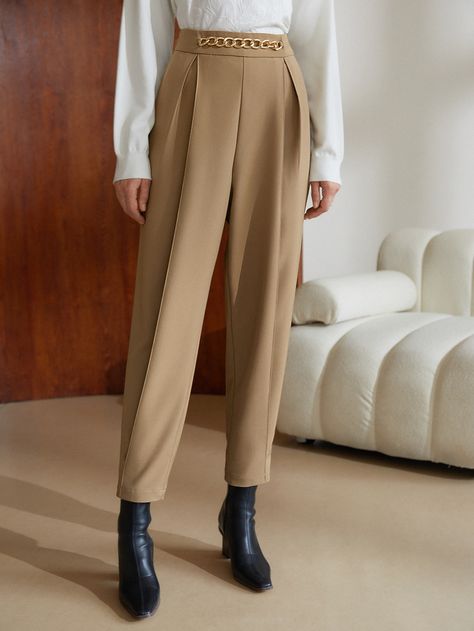 Khaki Elegant Collar  Woven Fabric Plain Tapered/Carrot Embellished Non-Stretch Spring/Summer/Fall Women Bottoms Women Bottoms, Tapered Trousers, Chain Design, Women Pants, Tapered Pants, Autumn Summer, Summer Fall, Apricot, Woven Fabric