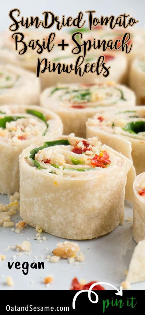 These Sun-Dried Tomato, Basil & Spinach Pinwheels make a perfect party appetizer or light lunch. They take about 15 minutes to make and are a healthy alternative to pinwheels made with cream cheese. | #APPETIZERS | #LUNCH | #VEGETARIAN | #VEGAN | ROLL UPS | #PINWHEELS | #Recipes at OatandSesame.com Roll Ups Pinwheels, Cream Cheese Appetizers, Pinwheels Recipes, Spinach Pinwheels, Lunch Vegetarian, Pastas Recipes, Pinwheel Recipes, Party Appetizer, Cheese Appetizers