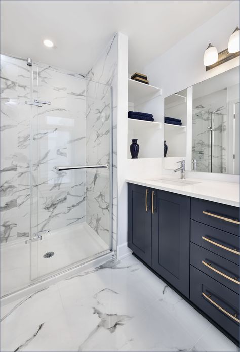 This Christmas Lose 21 pounds in just two week . Easy and fa Navy Ensuite Bathroom, White Marble And Navy Bathroom, White Navy Blue Bathroom, Navy Blue Accent Tile Shower Wall, White And Navy Bathroom Ideas, Modern Painted Bathroom Vanity, Modern Blue And White Bathroom, White Navy Gold Bathroom, Navy Blue Master Bath Cabinets