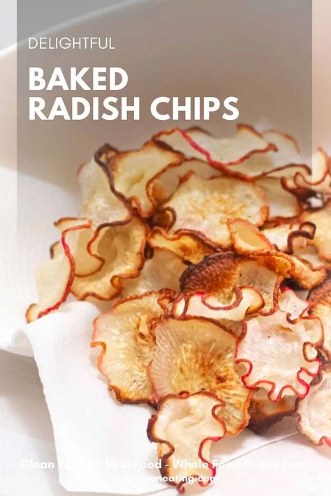 Crispy Baked Radish Chips - Best Clean Eating Clean Eating Appetizers, Clean Eating Side Dishes, Radish Chips, Air Fryer Recipes Vegetarian, Best Keto Meals, Crispy Chips, Snack Craving, Dehydrated Food, Best Food Ever