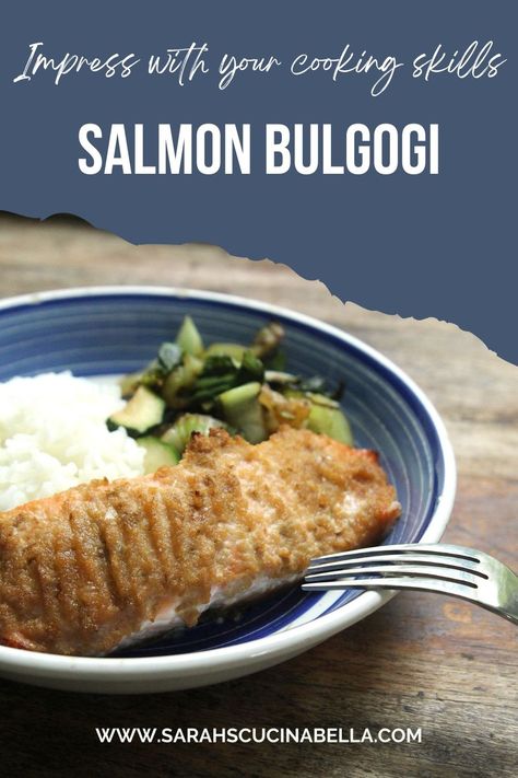 With a rich Korean marinade, this Salmon Bulgogi recipe is a delightful way to enjoy fresh seafood. This marinates for an hour, but cooks in only 20 minutes.  #dinnerideas Salmon Bulgogi, Easy Impressive Dinner, Korean Marinade, Bulgogi Recipe, Salmon Soy Sauce, Impressive Dinner, Best Seafood Recipes, Bulgogi, Fun Easy Recipes