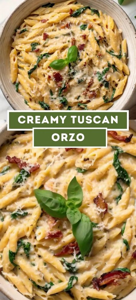 Creamy Tuscan Orzo Creamy Tuscan Orzo, Tuscan Chicken Orzo, Tuscan Orzo, Orzo Dishes, Tuscan Pasta, Tuscan Chicken Pasta, Tuscan Recipes, Seared Pork Chops, Parmesan Cream Sauce