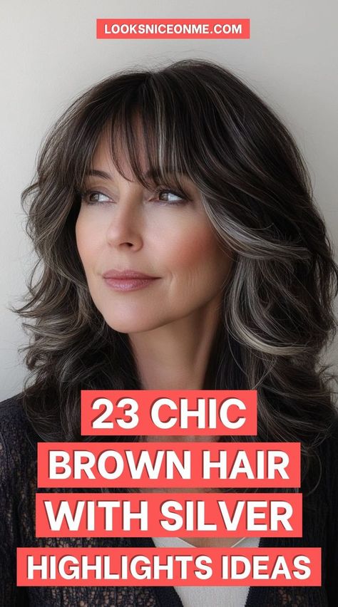 Stay on trend with brown hair and silver highlights, a perfect mix of natural tones and metallic accents! These 5 ideas are versatile and flattering, making them a great choice for any age or style preference. #TrendyHair #SilverOnBrown #AgeDefying Blending Gray Hair In Dark Hair, Best Hair Colors For Greying Hair, Best Hair Color For Brunettes Going Grey, Dark Brown Hair Going Grey Highlights, Medium Brown Hair With Grey Highlights, Dark Brown With Highlights Blonde, Silver In Brown Hair, Highlight For Dark Brown Curly Hair, Grey Blending Reddish Brown Hair