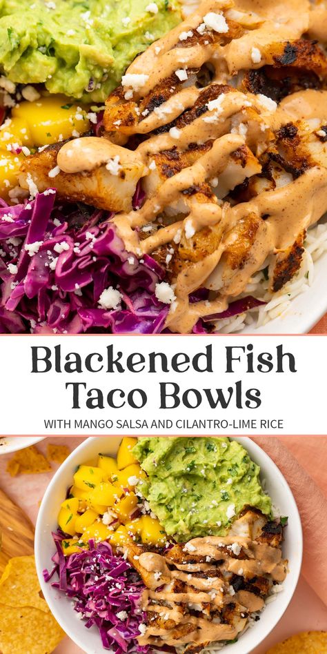 These blackened fish taco bowls are a more traditional take on my super-popular Whole30 & paleo fish taco bowls. With mango salsa, cilantro-lime rice, creamy guacamole, red cabbage slaw, and a spicy chipotle aioli, this deconstructed dish is full of incredible flavors and mouth-watering ingredients. Fish Bowl Recipe, Paleo Fish Tacos, Slaw For Fish Tacos, Creamy Guacamole, Spicy Fish Tacos, Blackened Fish Tacos, Blackened Fish, Taco Bowl Recipe, Paleo Fish