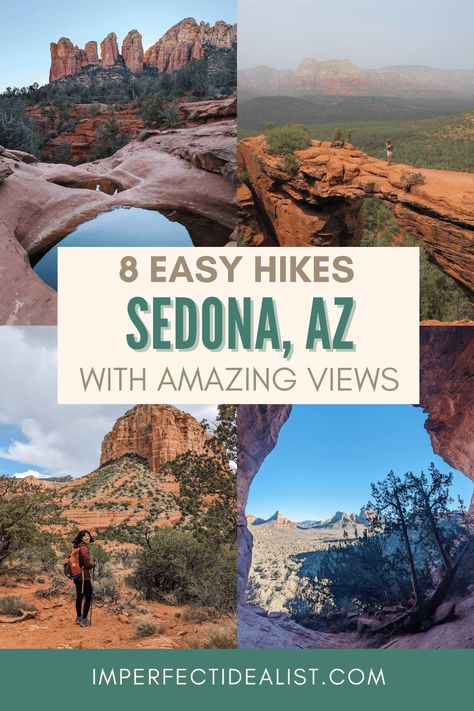 Collage of four photos from Devil's Bridge, Courthouse Butte, Birthing Cave, and Seven Sacred Pools. Text overlay reads "8 Easy Hikes in Sedona, AZ with Amazing Views" Hammock Backpacking, Hiking Sedona, Sedona Hiking, Sedona Arizona Restaurants, Devils Bridge, Food Outdoor, Sedona Hikes, Camping Winter, Sedona Travel