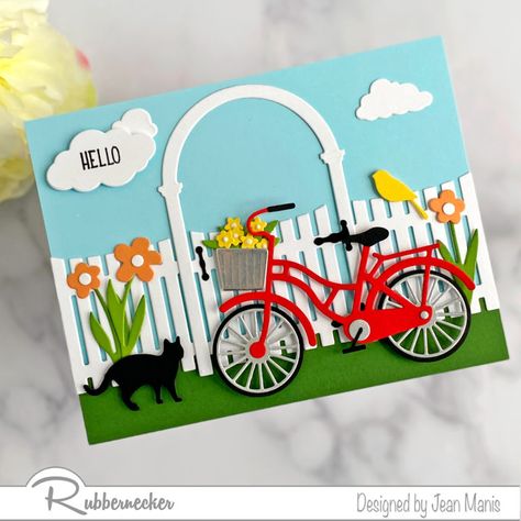 Rubbernecker | Bicycle Scene - Right as Rain Bike Card, Simple Sayings, Hello Design, Bicycle Cards, Cut Cat, Flowers And Greenery, Bike Basket, Spellbinders Cards, Encouragement Cards