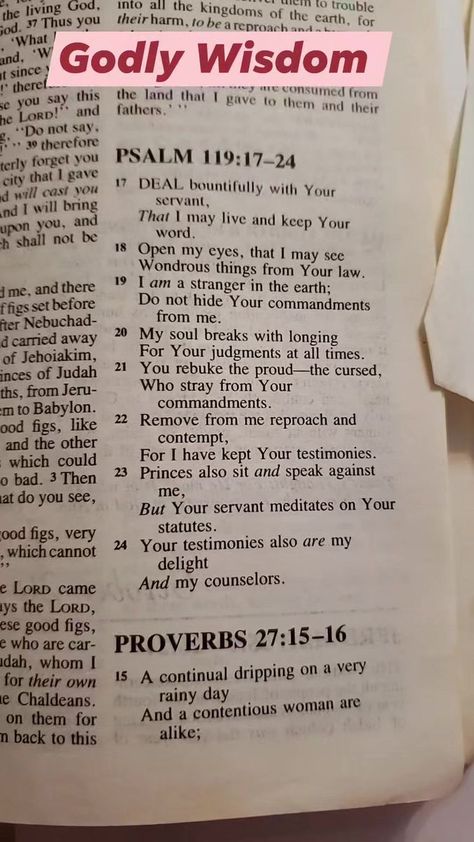 Godly Wisdom Psalm 119:17-24 #ReadTheWordOfGod #wordsofwisdom #dailybibleverse #FaithfulGod #scripture #GodsWisdom #readthebible #WordForTheDay | Min Susie Brantley | Min Susie Brantley · Original audio Psalms 119, Psalm 17, Godly Wisdom, God's Wisdom, Bible Study Group, Study Group, Psalm 119, Bible Study Verses, Daily Bible Verse