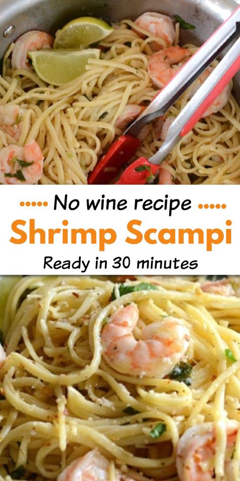 Images of pasta with cooked shrimp with garlic sauce with Pinterest overlay. Shrimp Scampi No Wine Recipe, Shrimp Scampi Recipe Without Wine, Shrimp Scampi Without Wine, Shrimp Scampi With Pasta, Shrimp Scampi Pasta Recipes, Chicken Scampi Recipe, Easy Shrimp Scampi Recipe, Easy Shrimp Pasta, Shrimp Pasta Recipes Easy