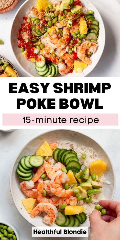 This quick and easy homemade poke bowl recipe with shrimp is delicious and ready in 15 minutes! It’s full of sautéed shrimp, pickled cucumber salad, brown rice, and topped with our favorite honey soy dressing. A healthy weeknight dinner with seafood! Shrimp Poke Bowl Recipe, Fish Bowl Recipe, Homemade Poke Bowl, Shrimp Poke Bowl, Shrimp Rice Bowl, Homemade Poke, Recipe With Shrimp, Pickled Cucumber Salad, Soy Dressing