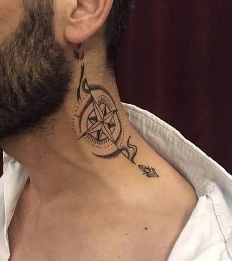 Side Neck Tattoo Ideas For Men, Neck Tattoos Men Side, Tatoos Men Neck, Compass Neck Tattoo, Neck Tattoo Designs Men, Best Neck Tattoos Men Design, Cool Neck Tattoos Men, Minimal Neck Tattoo, Neck Tattoo Placement