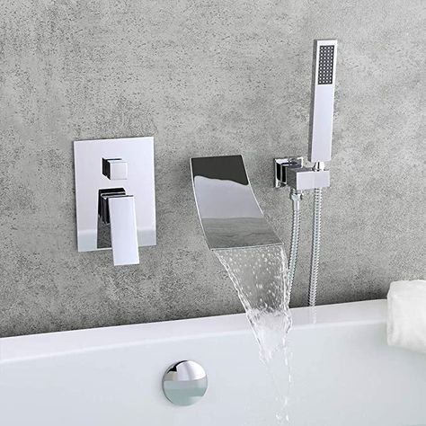 Black Bathtub Faucet, Waterfall Tub Faucet, Modern Waterfall, Wall Mount Tub Faucet, Contemporary Shower, Waterfall Wall, Chrome Bathroom, Tub Spout, Bath Taps