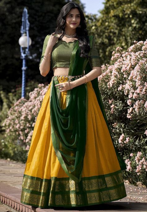 Kanchipuram Lehenga, Ghaghra Choli, Sari Design, Half Saree Lehenga, Yellow Lehenga, Lehenga Designs Simple, Stitched Lehenga, Lehenga Fabric, Work Lehenga