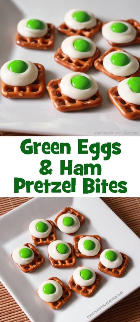 Dr Seuss Snacks, Pretzel Snacks, Ham Breakfast, Seuss Crafts, Nutella Brownies, Classroom Treats, Green Eating, Green Eggs And Ham, Ham Recipes