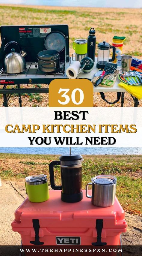 30 Best Camp Kitchen Items You Will Need Camping Kitchen Ideas, Tent Camping Must Haves, Must Have Camping Gear, Camping Necessities, Camping Essentials List, Kitchen Essentials List, Camping Utensils, Camping Packing List, Camping Must Haves