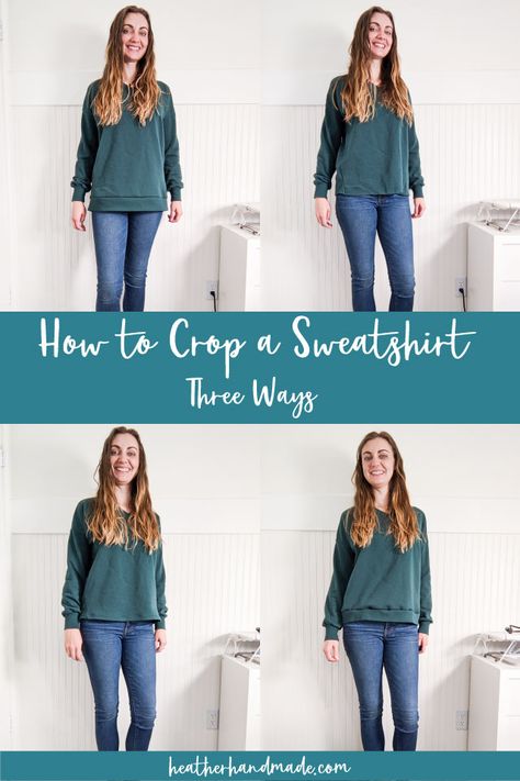 Sweatshirt Too Big, Crop A Sweatshirt Diy, Alter Sweatshirt Diy, Sweatshirt Alterations Ideas, Crop Sweatshirt Diy, How To Crop A Sweatshirt Diy, Sweatshirt Alterations, How To Cut A Sweatshirt, How To Crop A Sweater