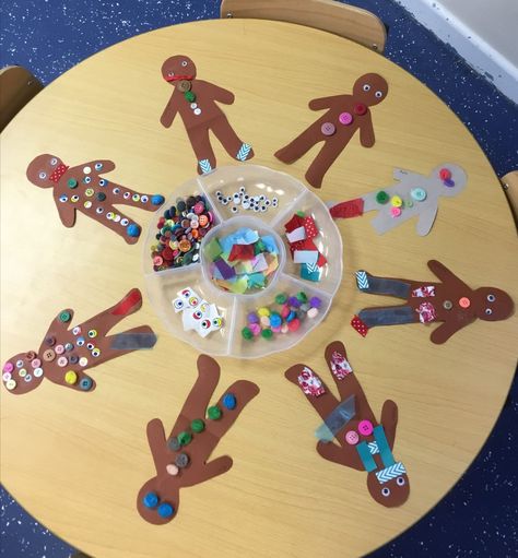 Gingerbread men collage art The Jolly Postman Eyfs, Christmas Ideas Eyfs, Gingerbread Man Eyfs Activities, Ginger Bread Man Activities, Gingerbread Story Activities, Gingerbread Man Eyfs, Gingerbread Kids Crafts, Eyfs Provision, Collage Activity