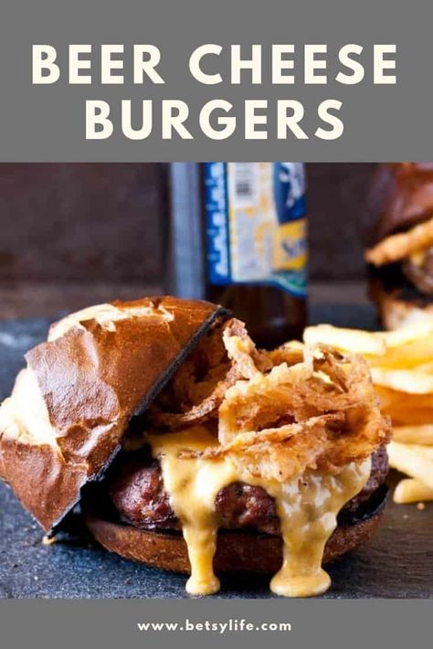 Pretzel Burger Recipe, Beer Burger Recipes, Pretzel Burger, Beer Cheese Sauce, Crispy Fried Onions, Beer Burger, Cheese Burgers, Juicy Burger, Strawberry Balsamic