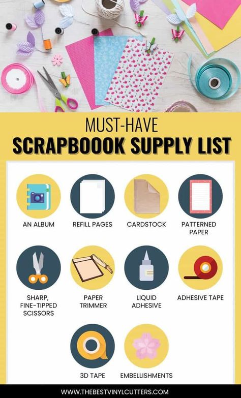 Our Handy Essential and 'Must-Have' Scrapbooking Supplies List. For all the supplies you will need to get started. We also share which Scrapbook tools we believe you should invest in. #scrapbooking #scrapbooking101 #scrapbooktools #scrapbooktips Beginner Scrapbooking Ideas Simple, Scrapbook Ideas For School Projects, Scrapbooking Supplies List, Scrapbook Tools, Scrapbooking 101, Beginner Scrapbooking, Scrapbook Examples, Scrapbook Planning, Craft Closet