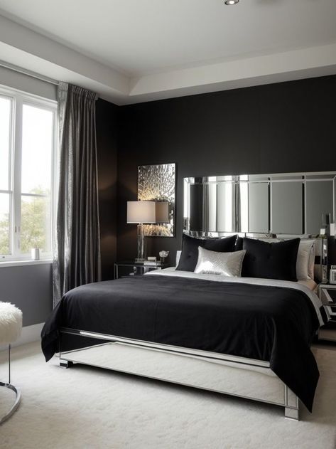 Black Silver Bedroom Ideas, Black And Silver Bedroom Decor, Glam Chic Bedroom, Black And Gray Bedroom, Diy Closets, Apartment Bedroom Decor For Couples, Black And Silver Bedroom, White And Silver Bedroom, Silver Bedroom Decor