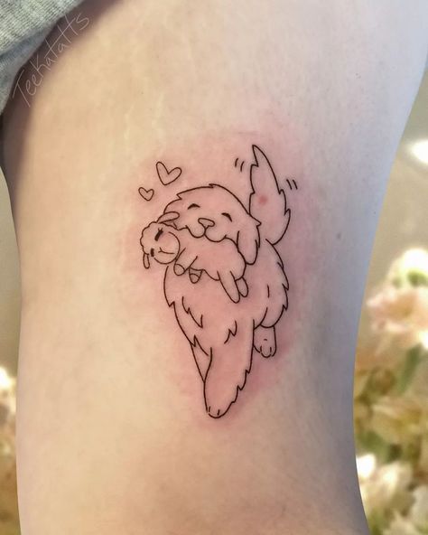 Mini Dainty Tattoo, Lambchop Tattoo, Fairy Dog Tattoo, Dog Locket Tattoo, Dog Tattoos Memorial, Littlest Pet Shop Tattoo, Lab Tattoo Ideas, Yorkie Tattoo, Sticker Tattoo Ideas