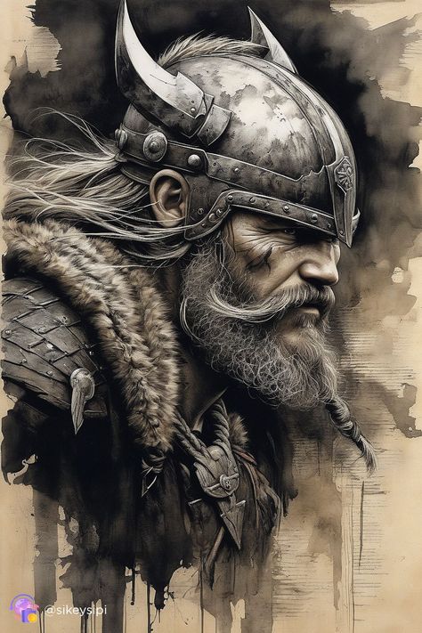 Viking Berserker Art, Fantasy Viking Art, Viking Art Drawing, Viking Drawings, Mythological Art, Viking Berserker, Viking Warrior Tattoos, Determined Expression, Viking Tattoo Sleeve