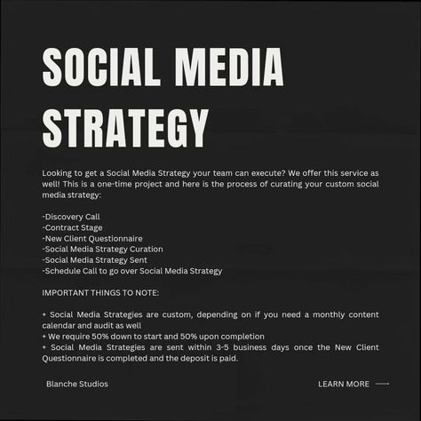 A Guide to Our Services at Blanche Studios Our Social Media Marketing Agency offers the following services: + Full-Service Social Media Management + Content Creation + Social Media Strategy & Audits + Custom Content Calendars + Monthly Strategy Calls Swipe to see more information about the services Volume One Studios offers If you have any further questions or you're ready to work with us, click the in our bio. We can't wait to meet you! #socialmediamarketingagency #socialmediamarketingm... Social Media Manager Bio Ideas, Creative Strategy, Marketing Agency Social Media, Marketing Colors, Social Media Content Strategy, Social Media Agency, Social Media Strategist, Social Media Advertising Design, Social Media Strategy