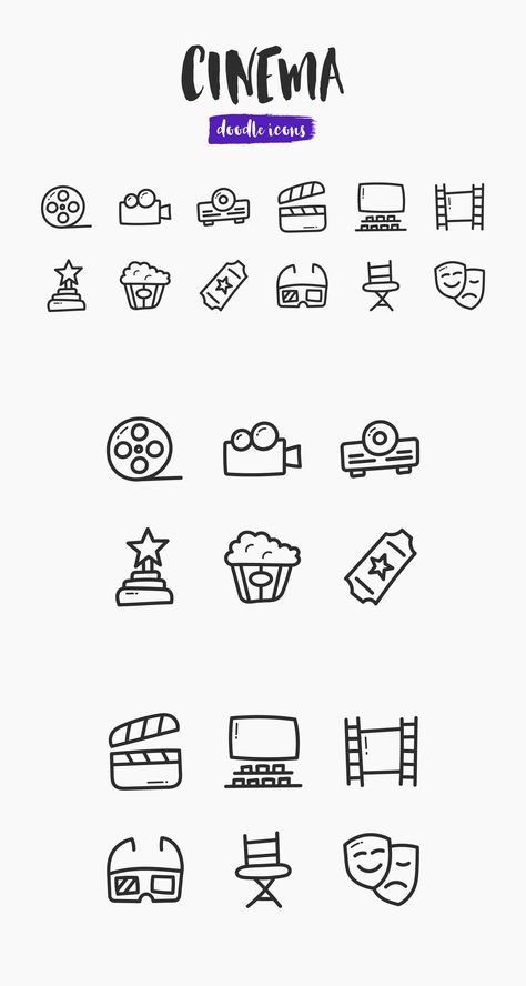 Cinema Hand-Drawn Doodle Icons Movie Doodle Art, Scrapbook Doodles Ideas Hand Drawn, Cinema Doodle, Film Doodle, Tv Doodle, Movie Doodles, Cinema Drawing, Bullet Journal Icons, Embroidery Icons