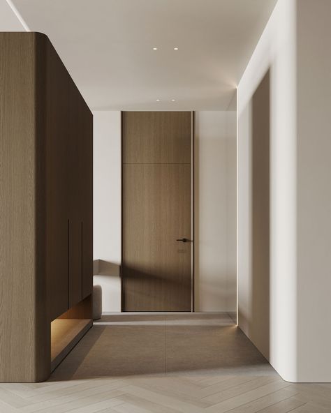 The Mellow Modernity of Brown, White, and Gray Decor Minimal Door, Interior Doors Modern, Pintu Interior, Magnolia House, Modern Interior Door, Shoes Cabinet, Home Fountain, House Concept, Corridor Design