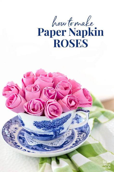 Learn how fast and easy it is to make roses from paper napkins following this paper napkin roses tutorial. Make one or make a dozen to place in a vase. They make a charming and colorful decorative accent for your home or to give as a gift. Napkin Flowers Diy, Diy Paper Napkin Folding, Paper Napkin Flowers, Napkin Roses, Roses Tutorial, Napkin Rose, Paper Napkin Folding, Paper Serviettes, Creative Napkins