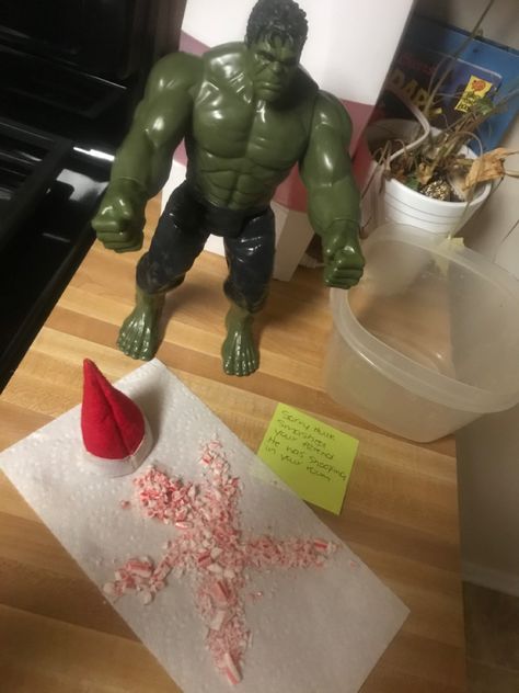 Hulk smashed elf Hulk Smash Elf On The Shelf, Elf Yourself, Awesome Elf On The Shelf Ideas, Elf Activities, Elf Fun, Hulk Smash, Elf Ideas, Shelf Ideas, On The Shelf