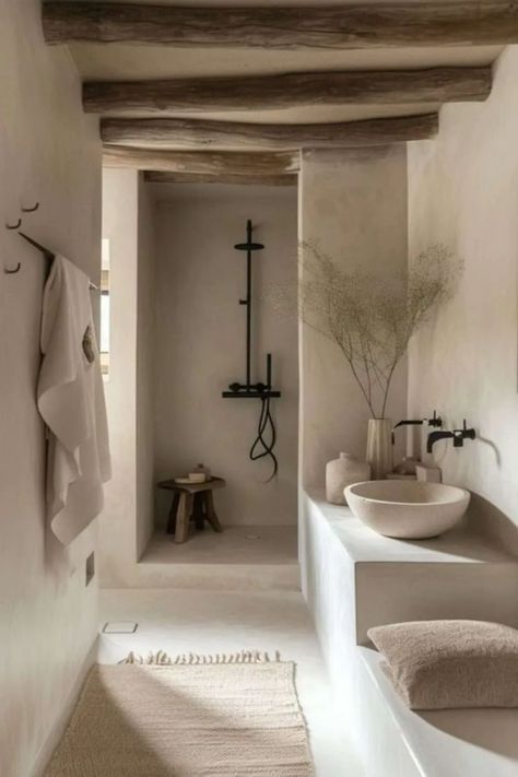 Country Small Bathroom Ideas, Tulum Inspired Bathroom, Wetroom Ideas Small Wet Rooms, Bathroom Wet Room Ideas, Bathroom Room Ideas, Bathroom Rustic Ideas, Tiled Wet Room, Tulum Bathroom, Venetian Plaster Bathroom