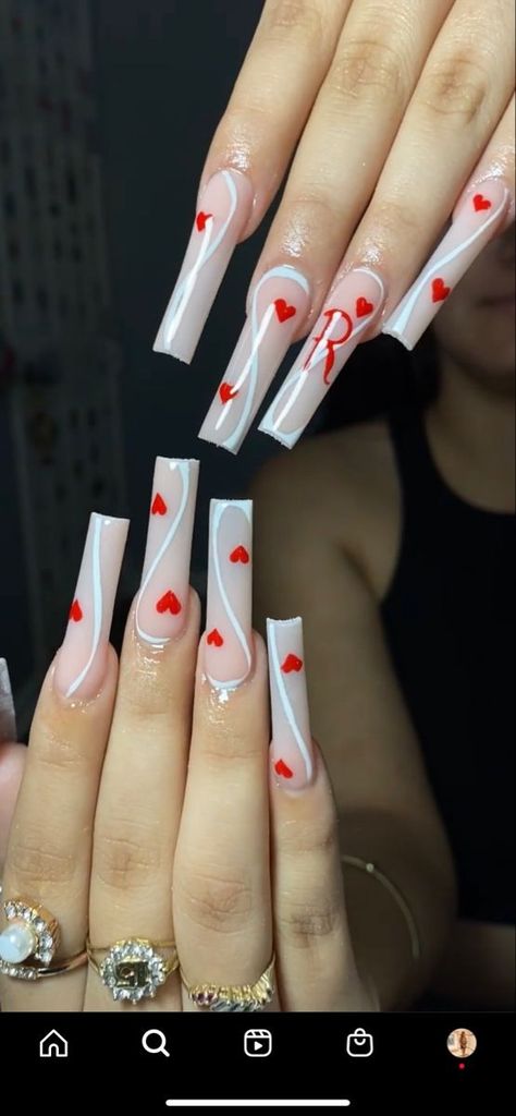 Cute Long Red Acrylic Nails, Long Acrylic Nails Coffin Valentines Day, Acrylic Nails Ideas Red And White, Valentines Nails White And Pink, Red And White Nails With Initial, Long Nail Designs Red And White, Acrylic Nails With Initials On Them Red, White And Red Acrylic Nails With Design, Long Square Acrylic Nails Red And White