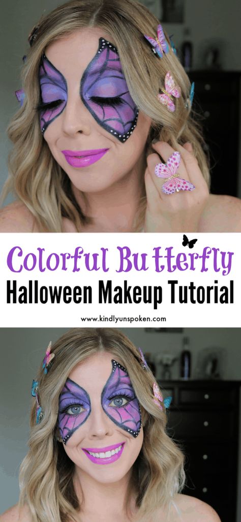 This butterfly makeup look for Halloween is so colorful and fun and perfect if you're looking for a girly halloween costume idea! Get the look with my easy halloween makeup tutorial! #butterflymakeup #halloweenmakeup #halloweentutorial #prettyhalloween Make Up For Butterfly Costume, Butterfly Makeup For Halloween, Blue Butterfly Makeup Halloween, Quick Halloween Face Makeup, Butterfly Costume Face Makeup, Diy Butterfly Makeup, Halloween Makeup For Moms, Makeup For Butterfly Costume, Butterfly Witch Costume