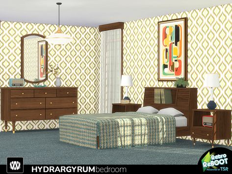 Sims 4 — Retro ReBOOT - Hydrargyrum Bedroom by wondymoon — TSR Retro ReBOOT theme special, 50's style Hydrargyrum Sims 4 Retro, Vintage Boys Clothes, 1960s Bedroom, 60s Bedroom, 50s Furniture, 50s Decor, Sims 4 Tsr, Retro Bed, 1960s Furniture