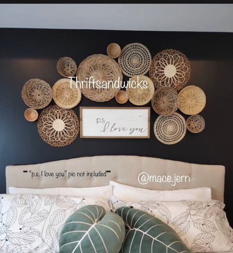 Farmhouse Basket Walls Woven, Boho Woven Wall Art, Woven Wall Baskets Farmhouse, Boho Basket Wall Art Wire, Boho Basket Wall Art Different Shapes, Wicker Basket Wall Art With Name, Upside Down Baskets As Bedside Tables, Basket Walls Boho Over The Bed, Farmhouse Basket Walls Wicker