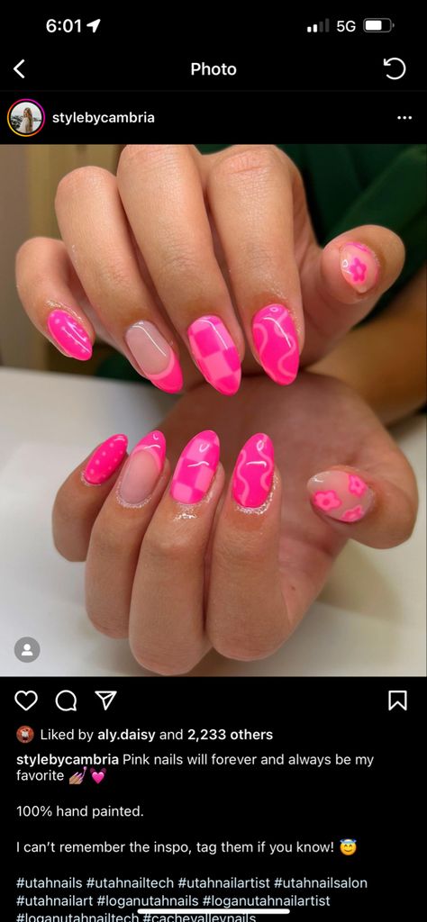 Cute Spring Nails Pink, Fun Birthday Nail Designs, Pink Groovy Nails, Pink Fun Nails, Funky Pink Nails, Flat Stanley Ideas, Pink Design Nails, 21st Birthday Nail Ideas, 21st Bday Nails