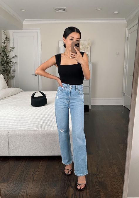 Levi's straight ankle jeans reformation tank petite Straight Levis Jeans Outfit, Ankle Jeans Outfit Summer, Ankle Straight Jeans Outfit, Fancy Dinner Date Outfit Classy, Neutrals Wardrobe, Reformation Outfits, Layla Aesthetic, Ankle Jeans Outfit, Jeans Reformation