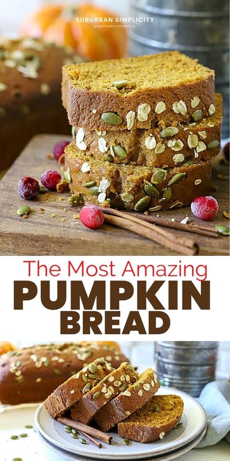 Bake the best Moist Pumpkin Bread ever! This easy pumpkin recipe is perfectly spiced with cinnamon, nutmeg, and allspice. Also, since this large batch recipe makes three soft, delicious loaves, you can freeze some to eat later. Super Moist Pumpkin Bread, Farmhouse Cooking, Autumn Desserts, Breads Recipes, Bread Sweet, Moist Pumpkin Bread, Pumpkin Recipes Easy, Homemade Breads, Pumpkin Recipe