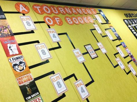 Book Madness: A Tournament of Book - Such a fun way to include March Madness in the reading classroom. :) March Madness Book Tournament, March Madness Books, Tournament Of Books, March Reading, March Book, Sports Classroom, Teacher Book, Library Bulletin Boards, Library Activities