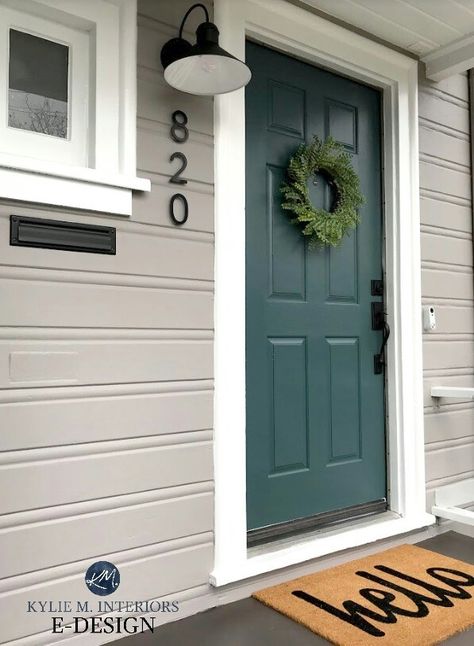 Sherwin Williams paint Still Water. Navy Blue Front Door, Painted Siding, Front Door Colours, Teal Front Doors, Exterior Door Colors, Tan House, Green Front Doors, Blue Front Door, Front Door Paint Colors