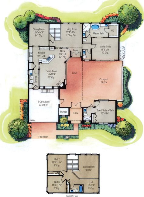 The Courtyard II Floorplan Hacienda House Plans, Mexican House Plans, House Plans With Courtyard, U Shaped House Plans, U Shaped Houses, Retirement House Plans, Courtyard Pool, Pool House Plans, Courtyard House Plans